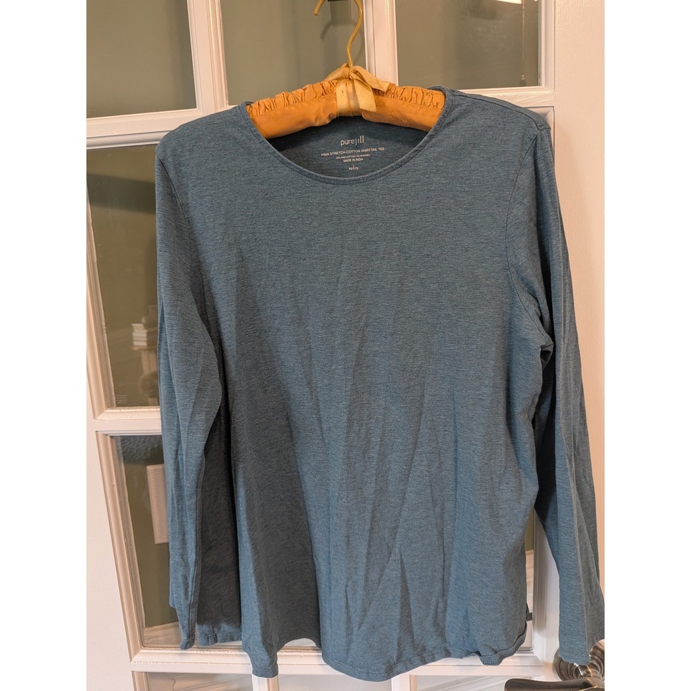 Pure Jill Pima Stretch-Cotton Shirttail Tee Teal Blue Long Sleeve L Petite